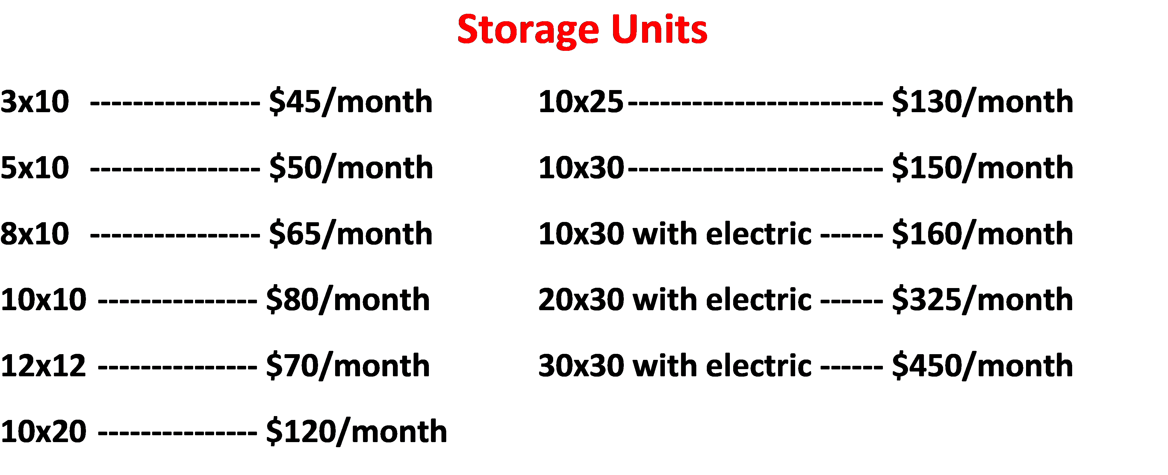 Unit prices at Harbour Storage